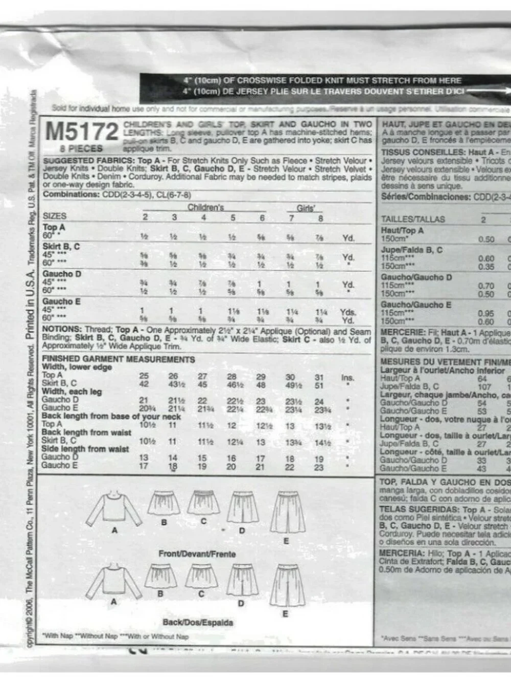 Vintage Sewing Pattern McCalls M5172 Girls Top Skirt Goucho Easy Sizes 6-7-8 UC